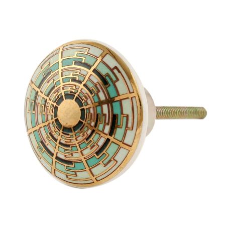 Emerald Hue Golden Pattern Ceramic Dresser Knobs